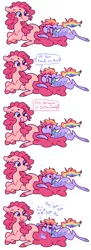 Size: 850x2346 | Tagged: safe, artist:ditzyshipper, derpibooru import, pinkie pie, rainbow dash, earth pony, pegasus, pony, ..., biting, cotton candy, cotton candy tail, cute, dashabetes, diapinkes, eating, female, fluffy, heart, hnnng, lesbian, mare, munching, nom, pinkiedash, shipping, wat, ñ