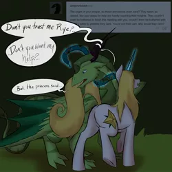 Size: 2000x2000 | Tagged: safe, artist:professor-ponyarity, derpibooru import, prince blueblood, oc, oc:rye, dragon, pony, serpent, snake, unicorn, magic, manipulation, princess, princess bluebelle, rule 63, tumblr comic