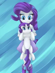 Size: 1024x1365 | Tagged: safe, artist:megagibs, derpibooru import, rarity, pony, equestria girls, cute, holding a pony, human ponidox, looking at each other, raribetes, smiling, square crossover