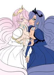 Size: 3100x4300 | Tagged: artist:maniacpaint, bedroom eyes, boob squish, breasts, busty princess celestia, busty princess luna, choker, cleavage, clothes, colored, derpibooru import, dress, duality, edit, eyelashes, female, females only, hair over one eye, heart, heart hands, holding hands, human, humanized, looking at you, princess celestia, princess luna, royal sisters, smiling, suggestive, symmetrical docking