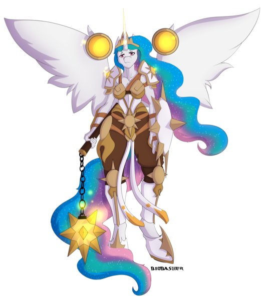 Size: 1024x1148 | Tagged: anthro, armor, artist:biobasher, derpibooru import, flail, princess celestia, safe, shield, solo, unguligrade anthro, warrior celestia, weapon