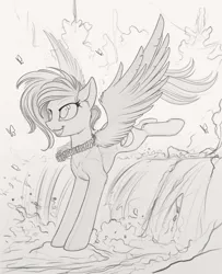 Size: 1280x1579 | Tagged: safe, artist:yakovlev-vad, derpibooru import, oc, unofficial characters only, butterfly, pegasus, pony, black and white, grayscale, lei, monochrome, sketch, smiling, solo, spread wings, waterfall