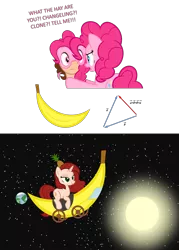 Size: 2205x3073 | Tagged: artist:zacatron94, banana, banana ship, derpibooru import, earth, food, mask, oc, oc:rouge fervour, oc:think pink, pineapple, pinkie pie, safe, simple background, space, sun, transparent background, triangle, vector, wat