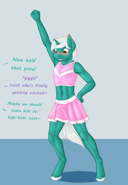 Size: 2129x3074 | Tagged: questionable, artist:daf, derpibooru import, oc, oc:qen, unofficial characters only, anthro, unicorn, abs, accidental exposure, anthro oc, armpits, belly button, blushing, cheerleader, clothes, crossdressing, crotch bulge, embarrassed, erection, male, offscreen character, skirt, skirt boner, solo, solo male, tenting