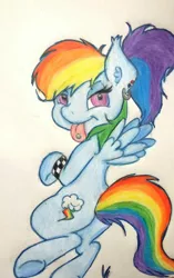 Size: 538x856 | Tagged: safe, artist:gingerthefox, derpibooru import, rainbow dash, earring, piercing, ponytail, solo, tongue out, tongue piercing, traditional art