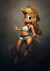 Size: 850x1200 | Tagged: abs, anthro, applejack, armpits, artist:assasinmonkey, belly button, clothes, derpibooru import, midriff, safe, shorts, solo, tanktop, technical advanced, unguligrade anthro