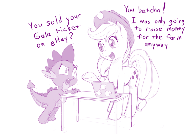 Size: 1200x849 | Tagged: angry, applejack, artist:dstears, computer, derpibooru import, duo, ehay, laptop computer, limited palette, monochrome, open mouth, pun, purple, raised hoof, safe, simple background, smiling, spike, table, white background