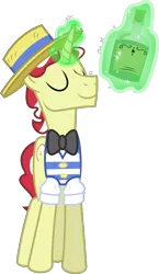 Size: 3000x5167 | Tagged: safe, artist:8-notes, derpibooru import, flim, pony, unicorn, leap of faith, bottle, bowtie, clothes, eyes closed, flim flam miracle curative tonic, hat, horn, magic, male, simple background, solo, stallion, telekinesis, tonic, transparent background, vector