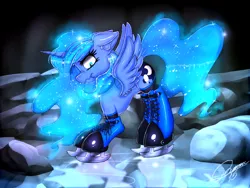 Size: 1024x768 | Tagged: artist:gamermac, derpibooru import, ear fluff, floppy ears, ice, ice skates, nose wrinkle, princess luna, safe, scrunchy face, solo, spread wings, wavy mouth