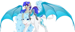 Size: 1024x443 | Tagged: safe, artist:cayfie, derpibooru import, oc, oc:crystal vision, oc:katisha, unofficial characters only, cyborg, dracony, hybrid, original species, unicorn, amputee