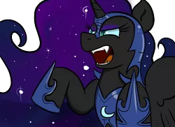 Size: 1100x800 | Tagged: artist:tranzmuteproductions, derpibooru import, frown, nightmare moon, open mouth, rearing, safe, simple background, solo, transparent background