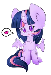 Size: 1705x2521 | Tagged: safe, artist:teranen, derpibooru import, twilight sparkle, twilight sparkle (alicorn), alicorn, pony, :o, chest fluff, colored pupils, female, giant ear, heart, looking at you, mare, open mouth, simple background, sitting, solo, spread wings, transparent background