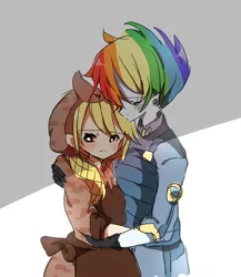 Size: 917x1057 | Tagged: safe, artist:lotte, derpibooru import, applejack, rainbow dash, equestria girls, the cutie re-mark, alternate timeline, alternate universe, anime, apocalypse dash, applecalypsejack, appledash, applelove, armor, blushing, crying, crystal war timeline, embrace, eyes closed, female, hug, humanized, lesbian, looking away, sad, shipping, size difference, smiling