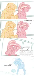 Size: 1280x2880 | Tagged: safe, artist:ponut_joe, derpibooru import, adagio dazzle, sunset shimmer, trixie, human, equestria girls, blushing, book, boots, bus, clothes, cold, comic, derailed, dialogue, earmuffs, female, freckles, glasses, humanized, messenger bag, middle finger, nerddagio, open mouth, ponytail, reading, shoes, snow, spiderman thread, vulgar, yelling, younger