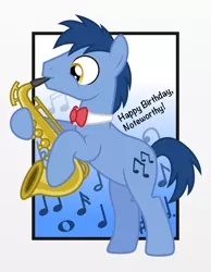 Size: 3000x3868 | Tagged: safe, artist:chainchomp2, derpibooru import, blues, noteworthy, earth pony, pony, birthday, bowtie, gift art, happy birthday, high res, male, musical instrument, saxophone, solo, stallion, vector