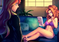 Size: 1400x990 | Tagged: suggestive, artist:bakki, derpibooru import, adagio dazzle, sunset shimmer, human, equestria girls, abs, barefoot, belly button, bra, breasts, busty adagio dazzle, cleavage, clothes, couch, crossed legs, duo, duo female, feet, female, females only, glasses, human coloration, humanized, implied lesbian, implied shipping, implied sunsagio, jacket, leather jacket, lingerie, newspaper, panties, pencil, side knot underwear, thinking, toes, underwear
