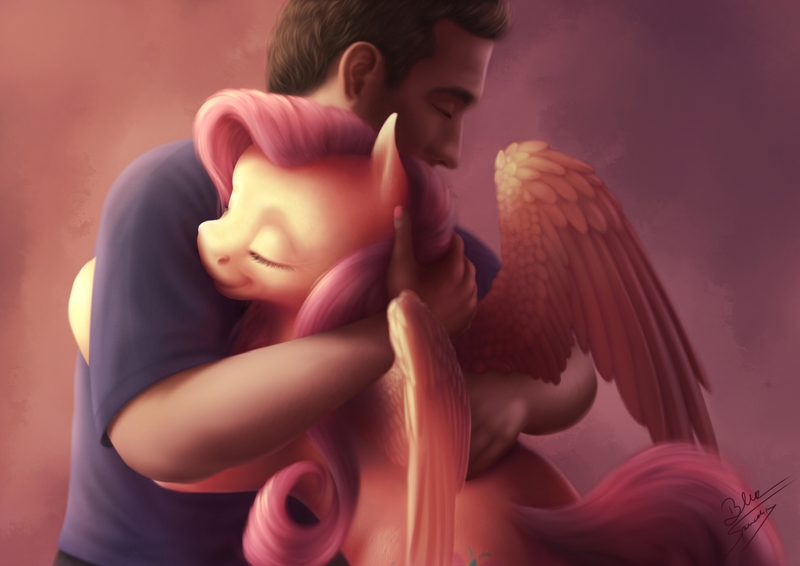 Size: 2630x1860 | Tagged: safe, artist:bluespaceling, derpibooru import, fluttershy, human, pony, bipedal, cute, daaaaaaaaaaaw, duo, eyes closed, hug, hugging a pony, human on pony snuggling, realistic, shyabetes, smiling, snuggling, so soft, spread wings