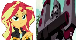 Size: 1018x544 | Tagged: safe, derpibooru import, sunset shimmer, equestria girls, friendship games, comparison, megatron, smug, smugset shimmer, transformers, transformers animated