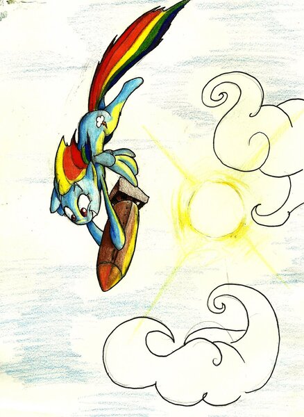 Size: 935x1280 | Tagged: safe, artist:matugi, derpibooru import, rainbow dash, bomb, cloud, grin, solo, sun, traditional art, weapon