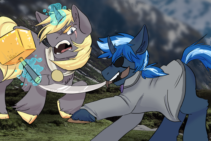 Size: 1000x666 | Tagged: safe, artist:asktheclassypony, derpibooru import, oc, oc:duke greywinter, oc:high tide, unofficial characters only, pony, unicorn, fight, magic