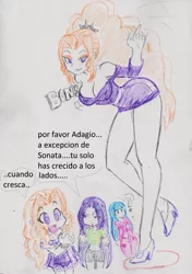 Size: 2160x3063 | Tagged: suggestive, artist:orochivanus, derpibooru import, adagio dazzle, aria blaze, sonata dusk, equestria girls, breasts, busty adagio dazzle, clothes, dress, female, midriff, nightgown, pajamas, spanish, the dazzlings, traditional art