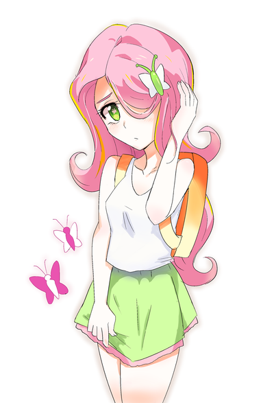 Size: 400x587 | Tagged: safe, artist:tzc, derpibooru import, fluttershy, butterfly, equestria girls, clothes, female, hair over one eye, skirt, solo, wingding eyes