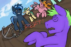 Size: 898x598 | Tagged: safe, artist:asktheclassypony, derpibooru import, oc, oc:anchors away, oc:high tide, unofficial characters only, earth pony, pegasus, pony, unicorn, comic:misadventures of high tide, anchor, bald, blank flank, blonde hair, blue hair, chains, cloud, eyepatch, green hair, headband, multicolored hair, rekt