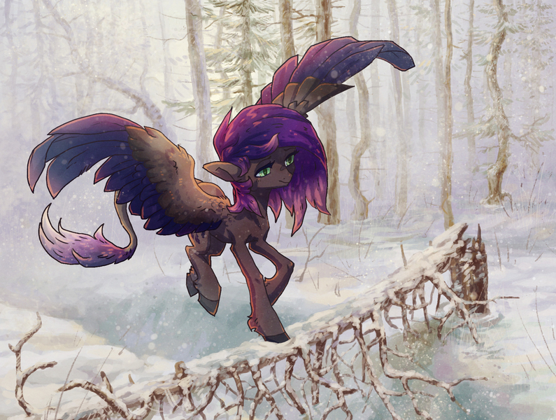 Size: 1841x1389 | Tagged: safe, artist:koviry, derpibooru import, oc, oc:evening howler, unofficial characters only, pegasus, pony, forest, scenery, snow, snowfall, solo, winter