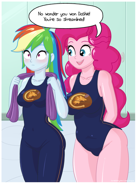 Size: 1000x1338 | Tagged: suggestive, artist:rapps, derpibooru import, pinkie pie, rainbow dash, equestria girls, blushing, breasts, busty pinkie pie, busty rainbow dash, chubby, clothes, embarrassed, female, one-piece swimsuit, plump, school swimsuit, swimsuit, towel, wondercolts swimsuit