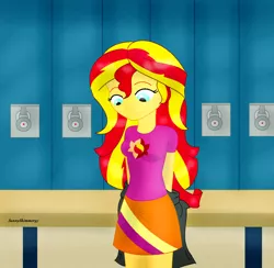 Size: 1024x998 | Tagged: safe, artist:a-r-i-a-1997, derpibooru import, sunset shimmer, equestria girls, friendship games, clothes, cute, locker, shimmerbetes, solo