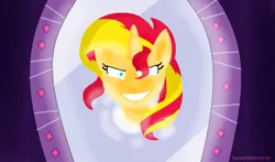 Size: 1011x594 | Tagged: safe, artist:a-r-i-a-1997, derpibooru import, sunset shimmer, equestria girls, evil, evil grin, grin, magic mirror, mirror, portal, solo