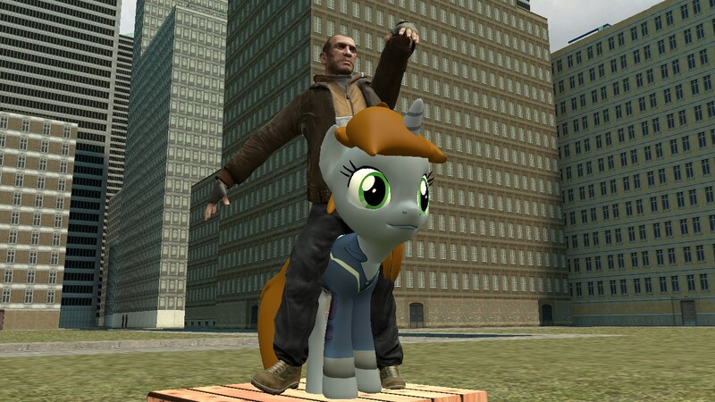 Size: 1280x720 | Tagged: safe, artist:greggwikii, derpibooru import, oc, oc:littlepip, unofficial characters only, human, pony, unicorn, fallout equestria, fanfic, 3d, clothes, fanfic art, female, gmod, grand theft auto, gta iv, horn, mare, niko bellic, pipbuck, vault suit, video game