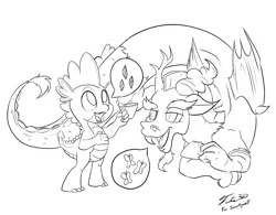 Size: 1200x935 | Tagged: safe, artist:tsitra360, derpibooru import, discord, spike, draconequus, dragon, black and white, chat, cutie mark, duo, duo male, grayscale, implied fluttershy, implied rarity, lineart, male, monochrome, open mouth, pictogram, simple background, smiling, teacup, white background