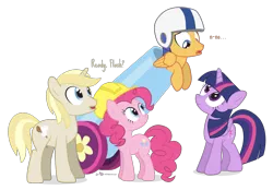 Size: 1120x780 | Tagged: safe, artist:dm29, derpibooru import, flash sentry, pinkie pie, twilight sparkle, twilight sparkle (alicorn), oc, oc:colin nary, alicorn, pony, female, hard hat, hat, helmet, mare, party cannon, pony cannonball, pun, simple background, this will end in tears, transparent background