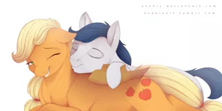 Size: 1000x500 | Tagged: safe, artist:evehly, derpibooru import, applejack, oc, oc:constance everheart, canon x oc, everjack, female, kissing, male, shipping, snuggling, straight