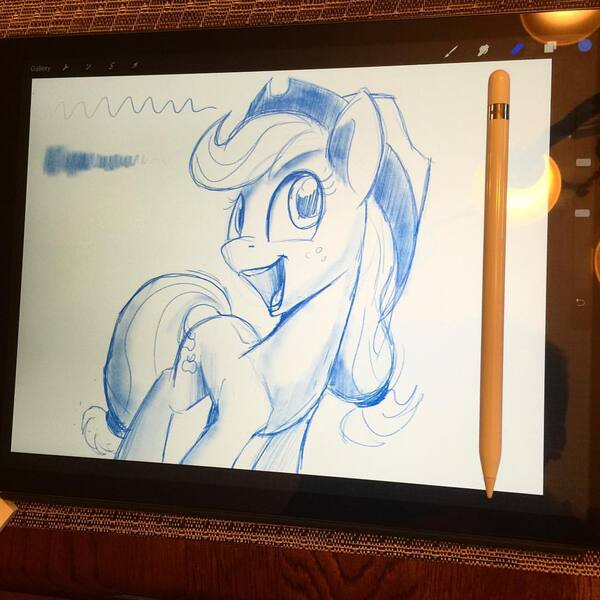 Size: 1080x1080 | Tagged: applejack, apple pencil, artist:tsitra360, derpibooru import, ipad, open mouth, photo, safe, simple background, sketch, smiling, solo, white background