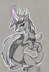 Size: 614x900 | Tagged: artist:tsitra360, derpibooru import, draconequified, draconequus, female, glowing horn, gray background, grayscale, looking at you, monochrome, safe, simple background, solo, species swap, traditional art, twikonequus, twilight sparkle