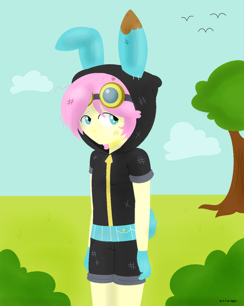 Size: 1024x1282 | Tagged: safe, artist:a-r-i-a-1997, derpibooru import, fluttershy, equestria girls, adorascotch, bunny ears, butterscotch, clothes, costume, cute, dangerous mission outfit, equestria guys, femboy, goggles, hoodie, looking at you, male, rule 63, rule63betes, solo, trap