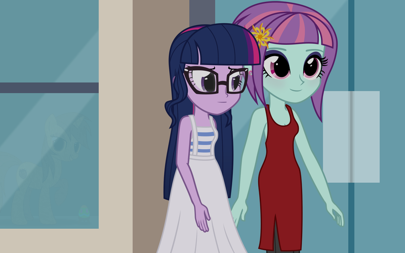 Size: 1600x1000 | Tagged: safe, artist:bootsyslickmane, derpibooru import, sci-twi, sunny flare, twilight sparkle, fanfic, fanfic:the shadowbolts adventures, equestria girls, friendship games, alternate costumes, alternate hairstyle, city, clothes, cutie mark, dress, earring, easter egg, fanfic art, glasses, loose hair, piercing, shipping, smiling, twiflare