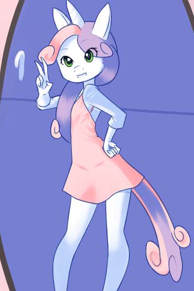 Size: 800x1200 | Tagged: anthro, artist:drantyno, clothes, cute, derpibooru import, dress, looking at you, peace sign, safe, smiling, solo, sweetie belle