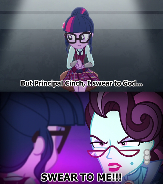 Size: 595x669 | Tagged: safe, derpibooru import, edit, screencap, principal abacus cinch, sci-twi, twilight sparkle, equestria girls, friendship games, batman begins, glasses, screencap comic, swearing