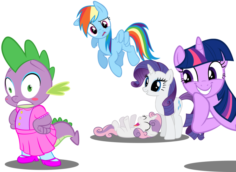 Size: 3393x2475 | Tagged: safe, artist:spellboundcanvas, derpibooru import, rainbow dash, rarity, spike, sweetie belle, twilight sparkle, clothes, confused, crossdressing, dress, laughing