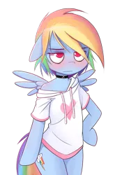 Size: 759x1024 | Tagged: safe, artist:apony, derpibooru import, edit, rainbow dash, pony, semi-anthro, bipedal, blushing, clothes, collar, cutie mark, female, floppy ears, flutterdash, hoodie, implied flutterdash, implied fluttershy, lesbian, off shoulder, pajamas, rainbow dash always dresses in style, shipping, shirt, simple background, sleepy, solo, transparent background