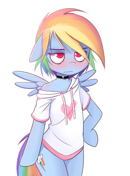 Size: 759x1024 | Tagged: safe, artist:apony, derpibooru import, edit, rainbow dash, pony, semi-anthro, bipedal, blushing, clothes, collar, cutie mark, floppy ears, hoodie, off shoulder, pajamas, rainbow dash always dresses in style, shirt, simple background, sleepy, solo, transparent background