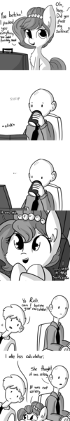 Size: 792x4752 | Tagged: safe, artist:tjpones, derpibooru import, oc, oc:brownie bun, oc:richard, unofficial characters only, earth pony, human, pony, horse wife, ..., bald, chest fluff, clothes, comic, cute, dialogue, ear fluff, female, grayscale, male, mare, monochrome, necktie, simple background, suitcase, white background