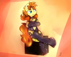 Size: 1261x1024 | Tagged: safe, artist:almaustral, derpibooru import, oc, oc:billy rose, unofficial characters only, anthro, amplifier, belly button, boots, choker, clothes, collar, crossed hooves, cutie mark accessory, cutie mark collar, garter belt, gloves, image, latex, latex boots, latex gloves, latex leotard, leotard, looking away, png, shoes, signature, sitting, solo, thigh boots, unamused