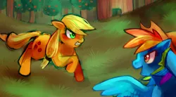 Size: 1280x704 | Tagged: accessory theft, angry, applejack, artist:cherivinca, derpibooru import, duo, forest, grass, hat, rainbow dash, rainbow dash always dresses in style, safe, tree