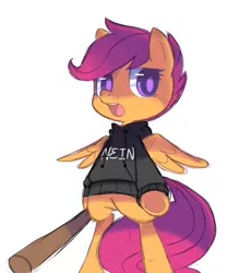 Size: 519x623 | Tagged: safe, artist:astrofiziks, derpibooru import, scootaloo, pony, baseball bat, bipedal, clothes, german, hoodie, looking at you, nein, open mouth, simple background, solo, weapon, white background, wip