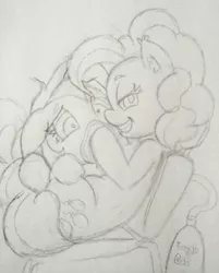 Size: 523x651 | Tagged: artist:gingerthefox, breathplay, derpibooru import, laughing gas, minuette, monochrome, pinkie pie, safe, traditional art
