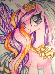 Size: 1024x1371 | Tagged: artist:suzuii, blushing, clothes, derpibooru import, dress, princess cadance, safe, smiling, solo, spread wings, traditional art